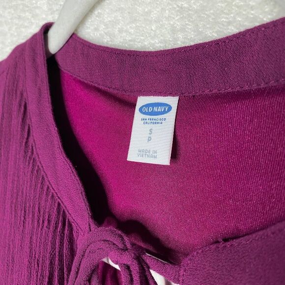Old Navy Long Sleeve Pleated Mini Tunic Shift Dress Lined Purple Small Tie Neck - Picture 3 of 10